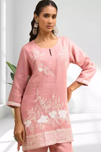 Women's linen pink embroidered short kurta with pant