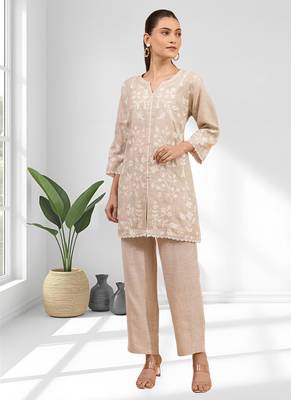 Women's linen beige embroidered short kurta with pant 1