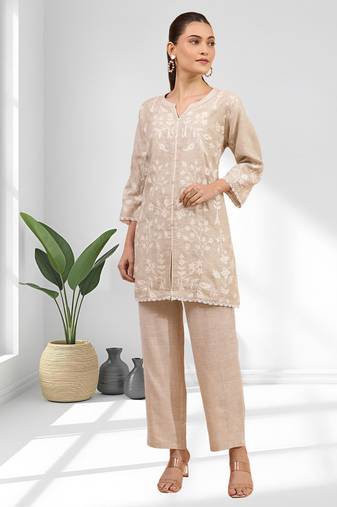 Women's linen beige embroidered short kurta with pant