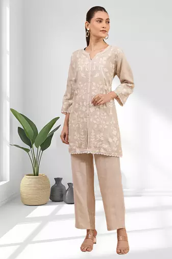 Women's linen beige embroidered short kurta with pant