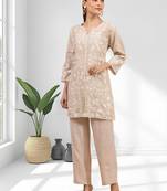 Women's linen beige embroidered short kurta with pant