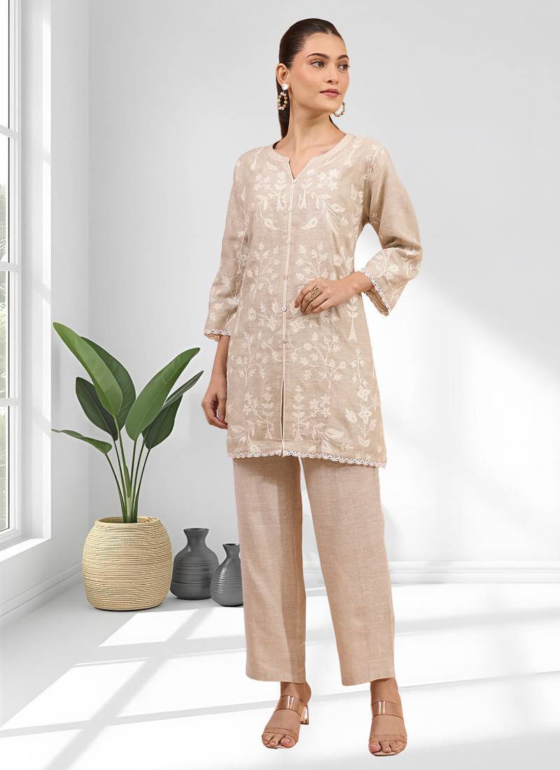 Women's linen beige embroidered short kurta with pant