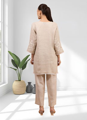 Women's linen beige embroidered short kurta with pant 2