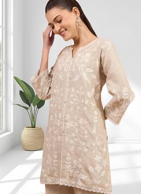 Women's linen beige embroidered short kurta with pant 3