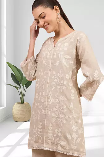 Women's linen beige embroidered short kurta with pant