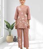 Women's cotton, linen powder pink embroidered short kurta with pant
