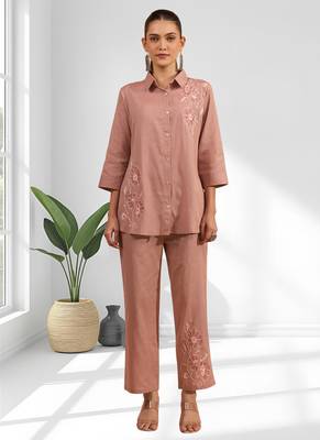 Women's cotton, linen powder pink embroidered short kurta with pant 1
