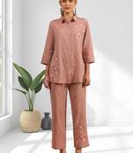 Women's cotton, linen powder pink embroidered short kurta with pant