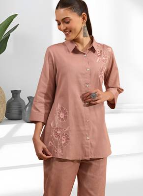 Women's cotton, linen powder pink embroidered short kurta with pant 4
