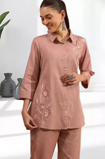 Women's cotton, linen powder pink embroidered short kurta with pant