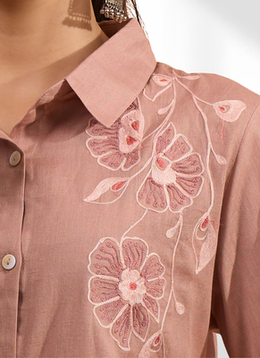 Women's cotton, linen powder pink embroidered short kurta with pant 5
