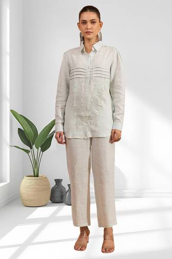 Women's linen powder blue embroidered short kurta with pant