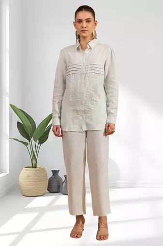Women's linen powder blue embroidered short kurta with pant