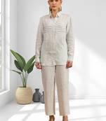 Women's linen powder blue embroidered short kurta with pant