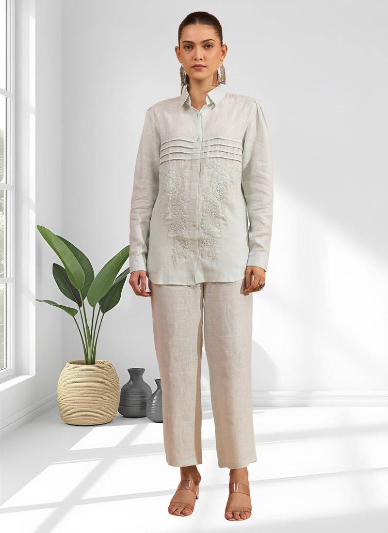 Women's linen powder blue embroidered short kurta with pant