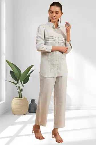 Women's linen powder blue embroidered short kurta with pant
