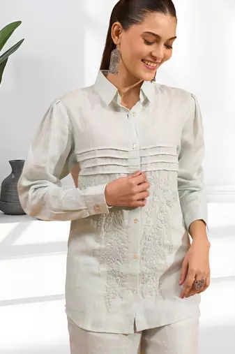 Women's linen powder blue embroidered short kurta with pant