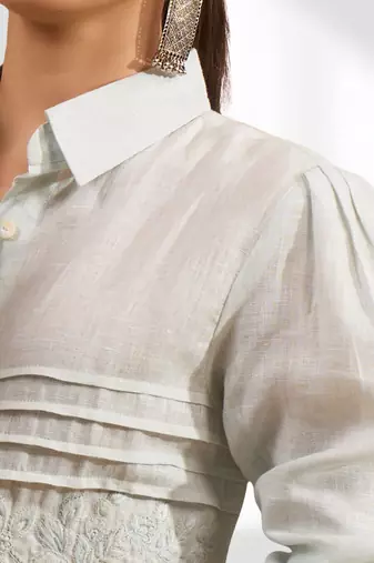 Women's linen powder blue embroidered short kurta with pant