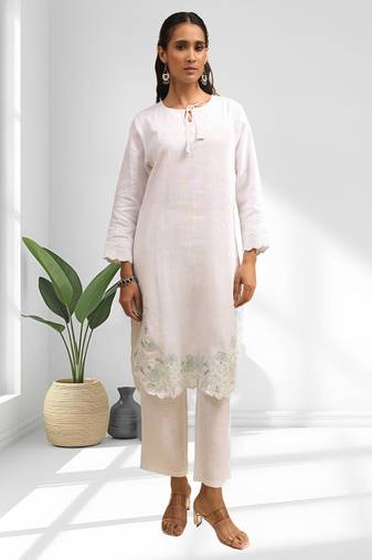 Women's linen off white embroidered short kurta with pant