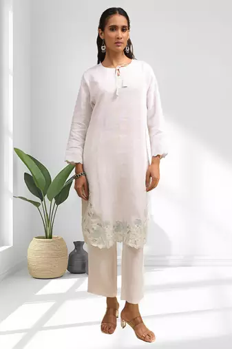 Women's linen off white embroidered short kurta with pant