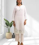 Women's linen off white embroidered short kurta with pant