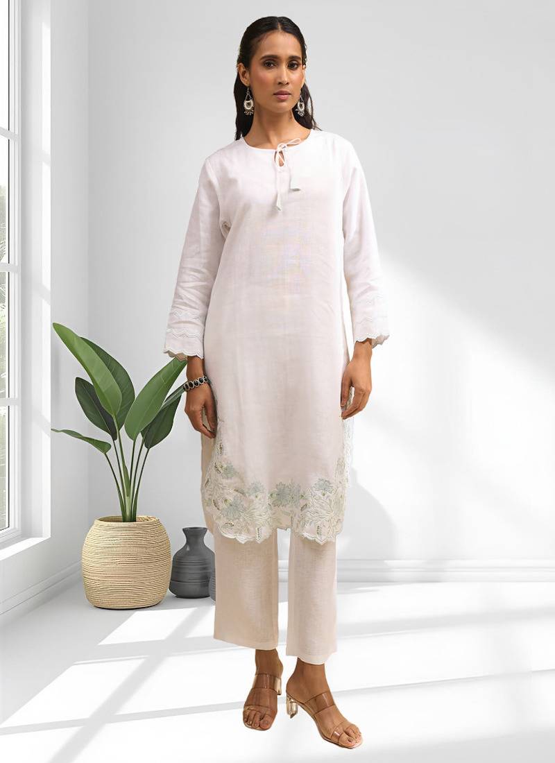 Women's linen off white embroidered short kurta with pant