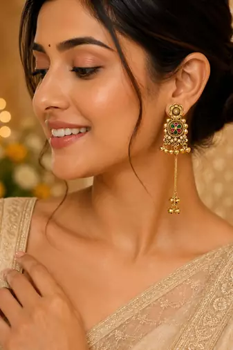 Wearhouse fashion gold-plated antique matte chandbali kashmiri earrings with red and green multi-stones