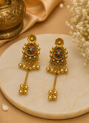 Wearhouse fashion gold-plated antique matte chandbali kashmiri earrings with red and green multi-stones 2