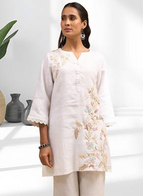 Women's linen off white embroidered short kurta with pant 4