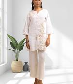 Women's linen off white embroidered short kurta with pant