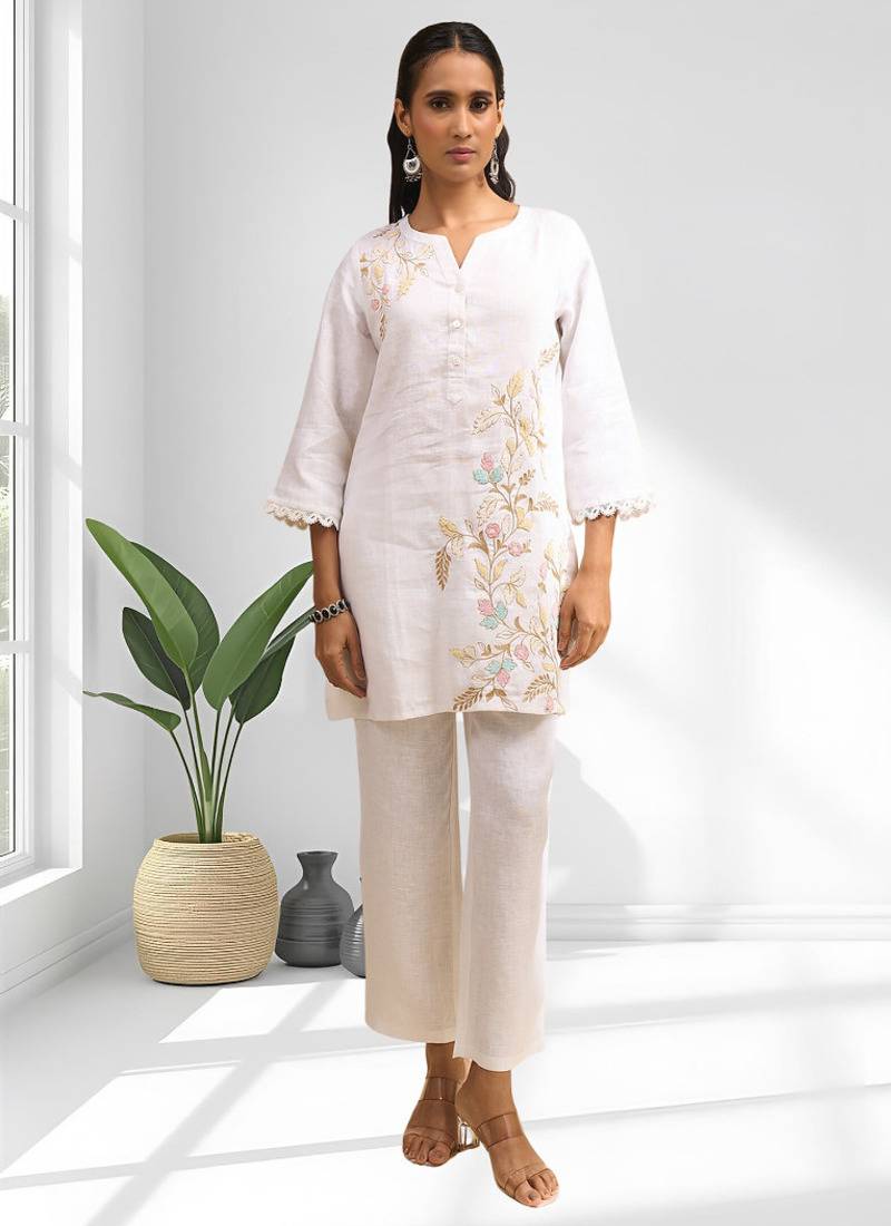 Women's linen off white embroidered short kurta with pant