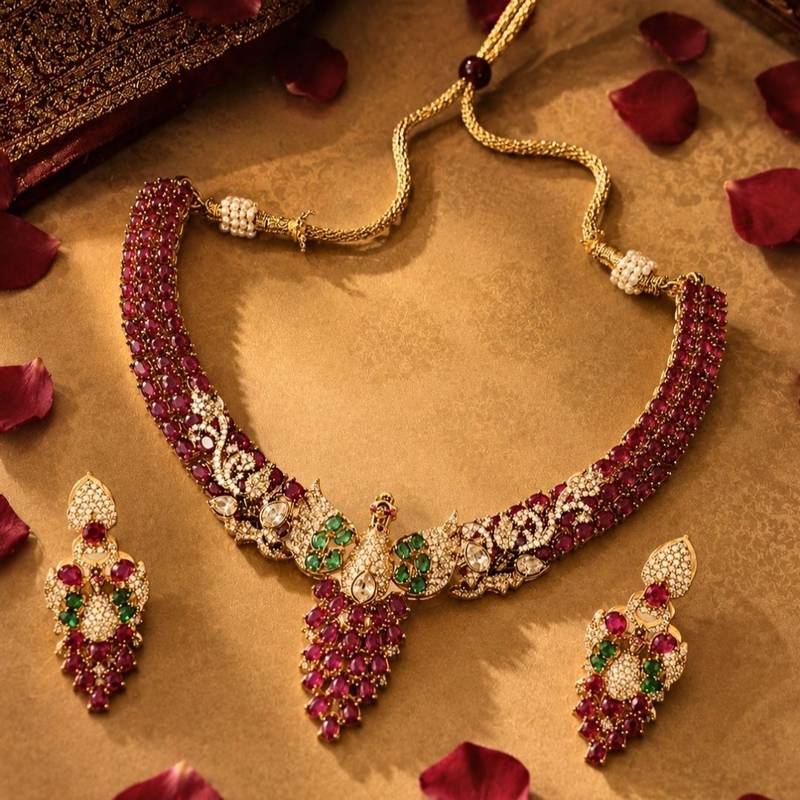 Kundan & Stone Peacock Motif Necklace Set