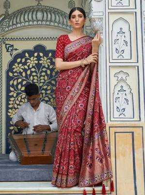 Red colour pure soft khadi georgette weaving saree with blouse 1