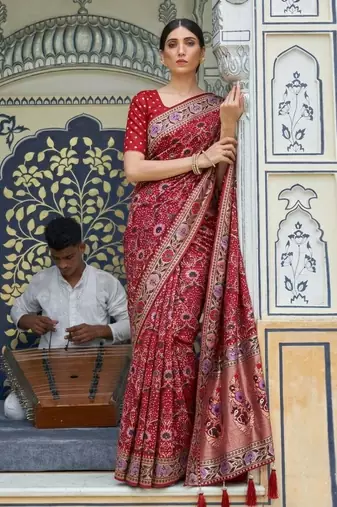 Red colour pure soft khadi georgette weaving saree with blouse