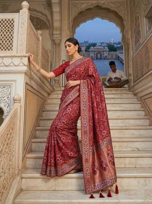 Red colour pure soft khadi georgette weaving saree with blouse 2