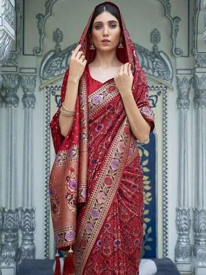 Red colour pure soft khadi georgette weaving saree with blouse 3