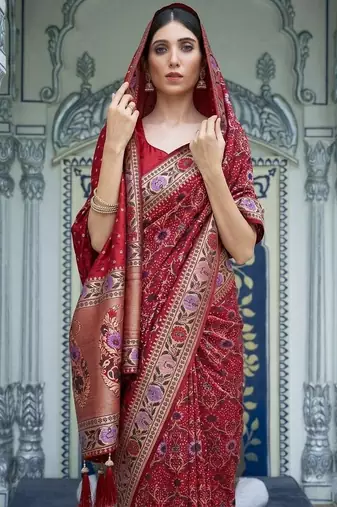 Red colour pure soft khadi georgette weaving saree with blouse