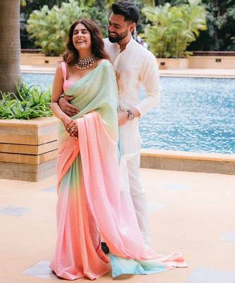 Pink colour digital print georgette sequence saree with unstitched blouse 1