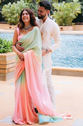 Pink colour digital print georgette sequence saree with unstitched blouse