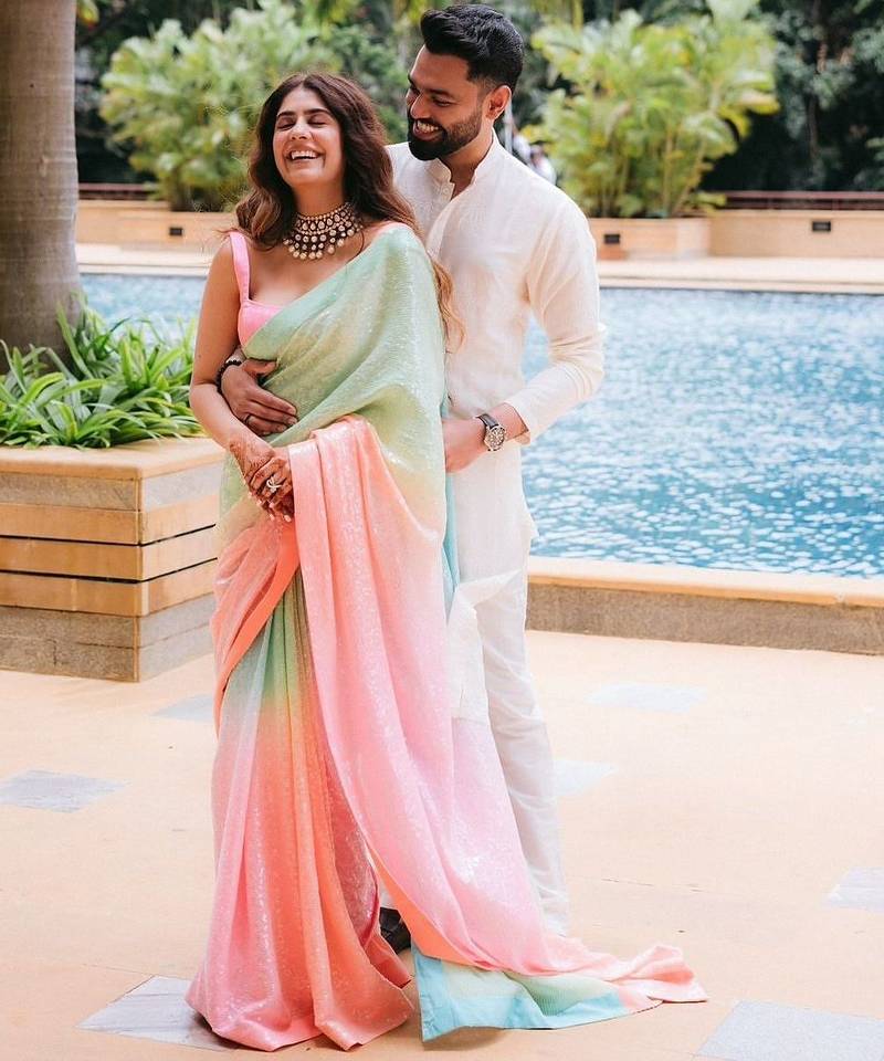 Pink colour digital print georgette sequence saree with unstitched blouse