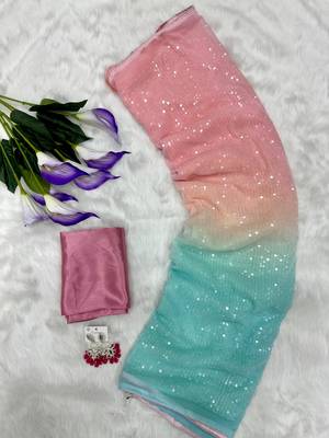 Pink colour digital print georgette sequence saree with unstitched blouse 2