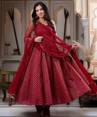 Maroon colour chanderi jacquard anarkali suit set with dupatta 1