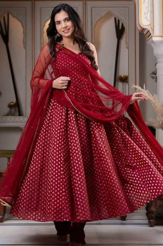 Maroon colour chanderi jacquard anarkali suit set with dupatta