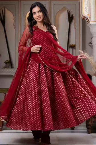 Maroon colour chanderi jacquard anarkali suit set with dupatta