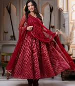 Maroon colour chanderi jacquard anarkali suit set with dupatta