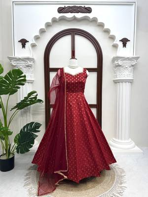 Maroon colour chanderi jacquard anarkali suit set with dupatta 2