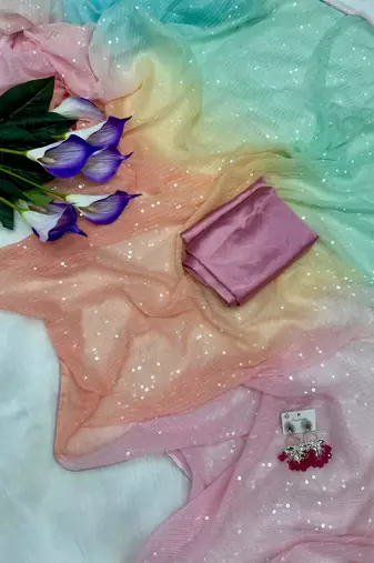 Pink colour digital print georgette sequence saree with unstitched blouse