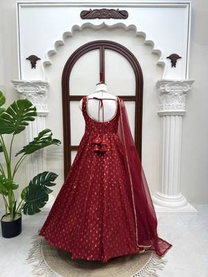 Maroon colour chanderi jacquard anarkali suit set with dupatta 3