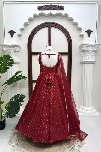 Maroon colour chanderi jacquard anarkali suit set with dupatta