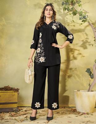 Black colour embroidered rayon co-ord set for women 1